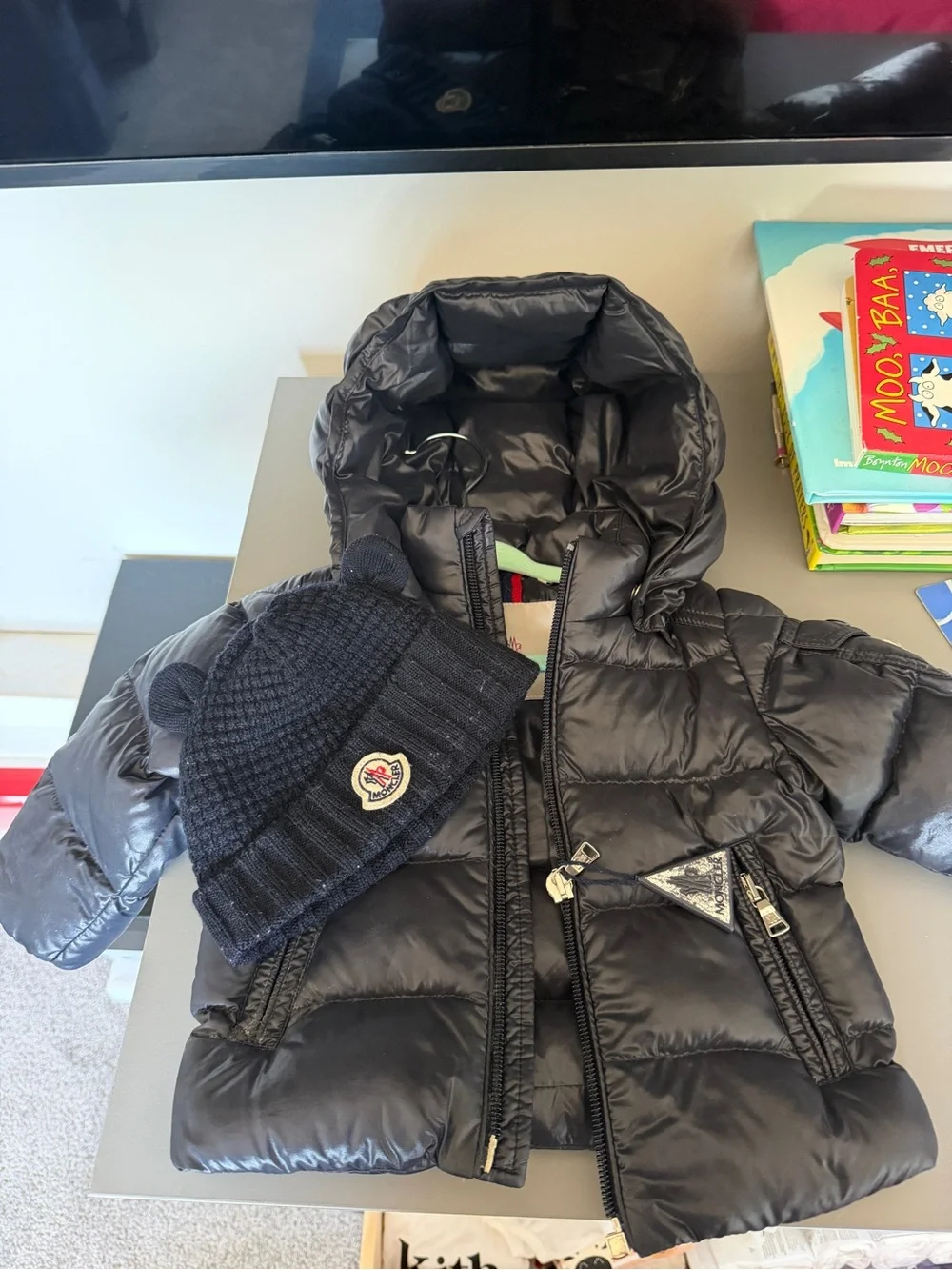 Moncler Black Shiny Quilted Down Jacket with Comic Label